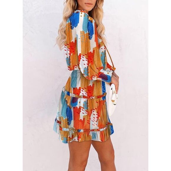 GSTQ Womens Casual Long Sleeve Smocked Ruffle Layer Tunic Dress Swing Mini Dress - Picture 2 of 10